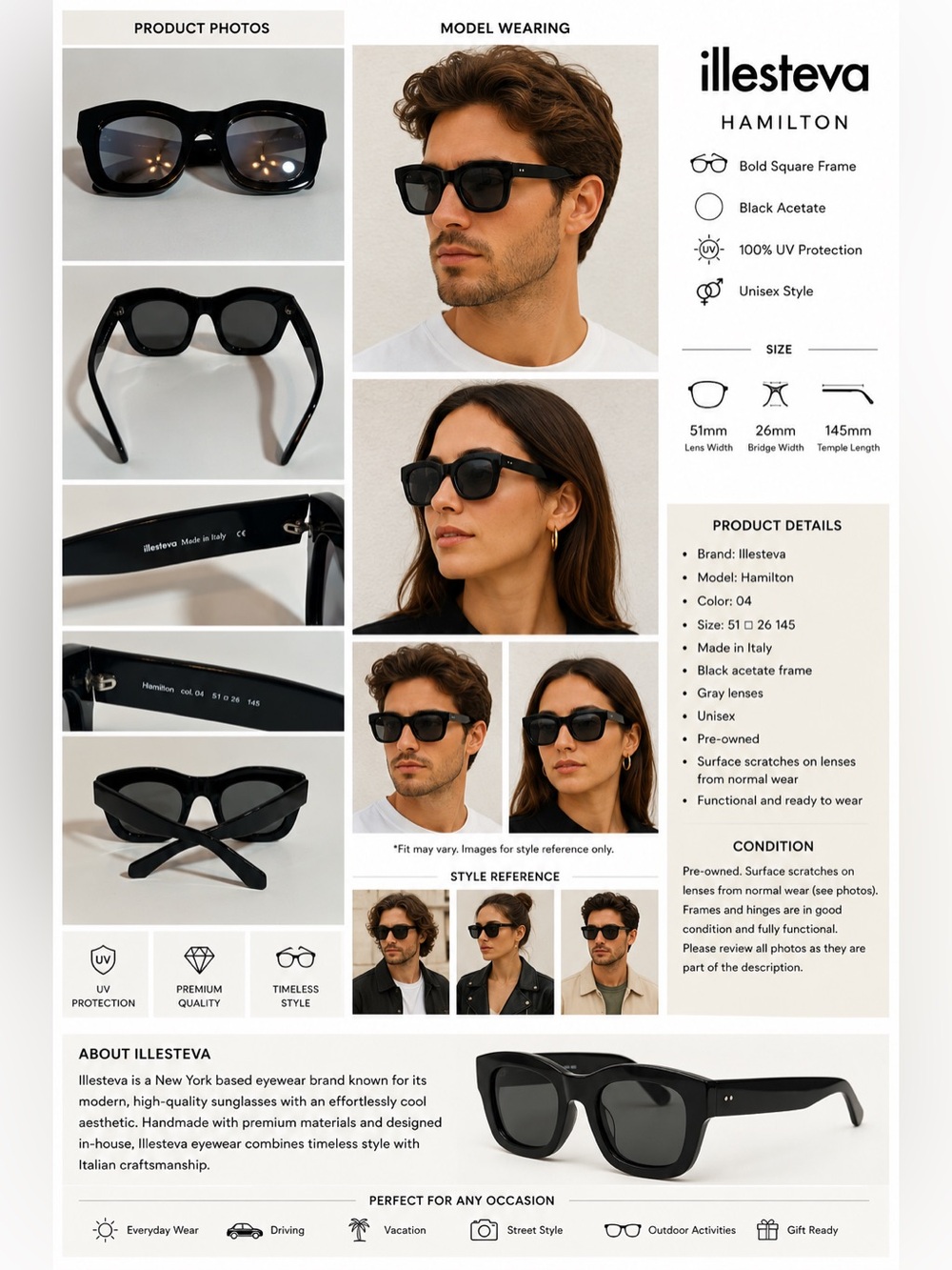 Illesteva Hamilton Sunglasses Black Gray Lens 51□26 145 Surface Scatches